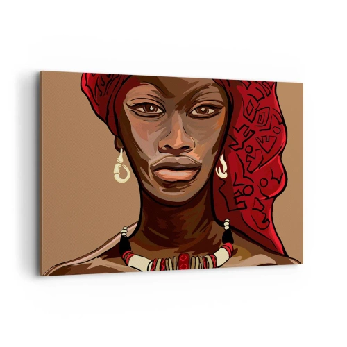 Cuadro sobre lienzo - Impresión de Imagen - Retrato de una mujer con un turbante rojo sobre un fondo beige - 120x80cm - Venus de ébano - Decoración de pared moderna para salón y dormitorio ARTTOR