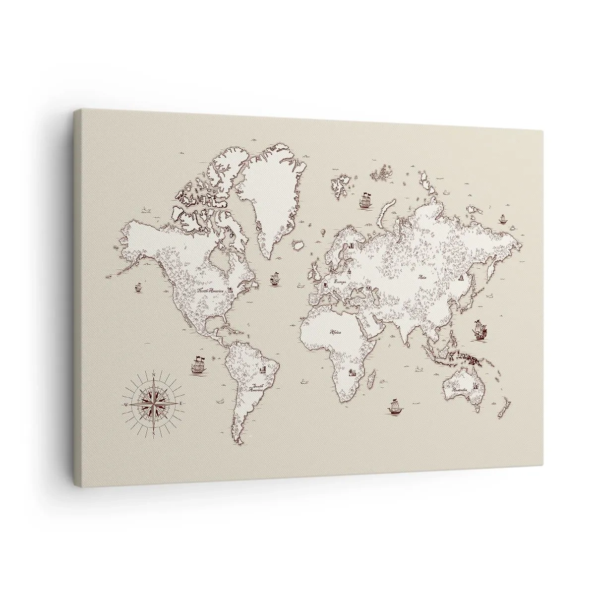 Cuadro sobre lienzo - Impresión de Imagen - Un mapa estilizado del mundo en tonos beige y marrón. - 70x50cm - Un viaje alrededor del mundo - Decoración de pared moderna para salón y dormitorio ARTTOR
