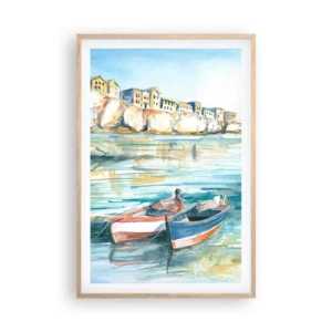 Póster en marco roble claro - Paisaje en azul - 61x91 cm