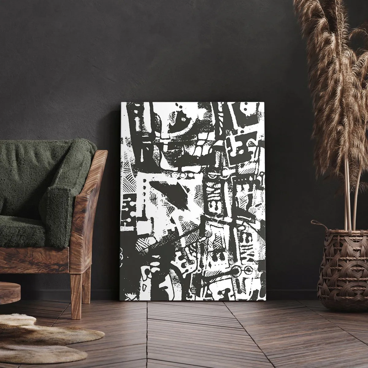 Cuadro sobre lienzo - Impresión de Imagen - Patrón retro monocromático abstracto - 50x70cm - ¿Orden o caos? - Decoración de pared moderna para salón y dormitorio ARTTOR