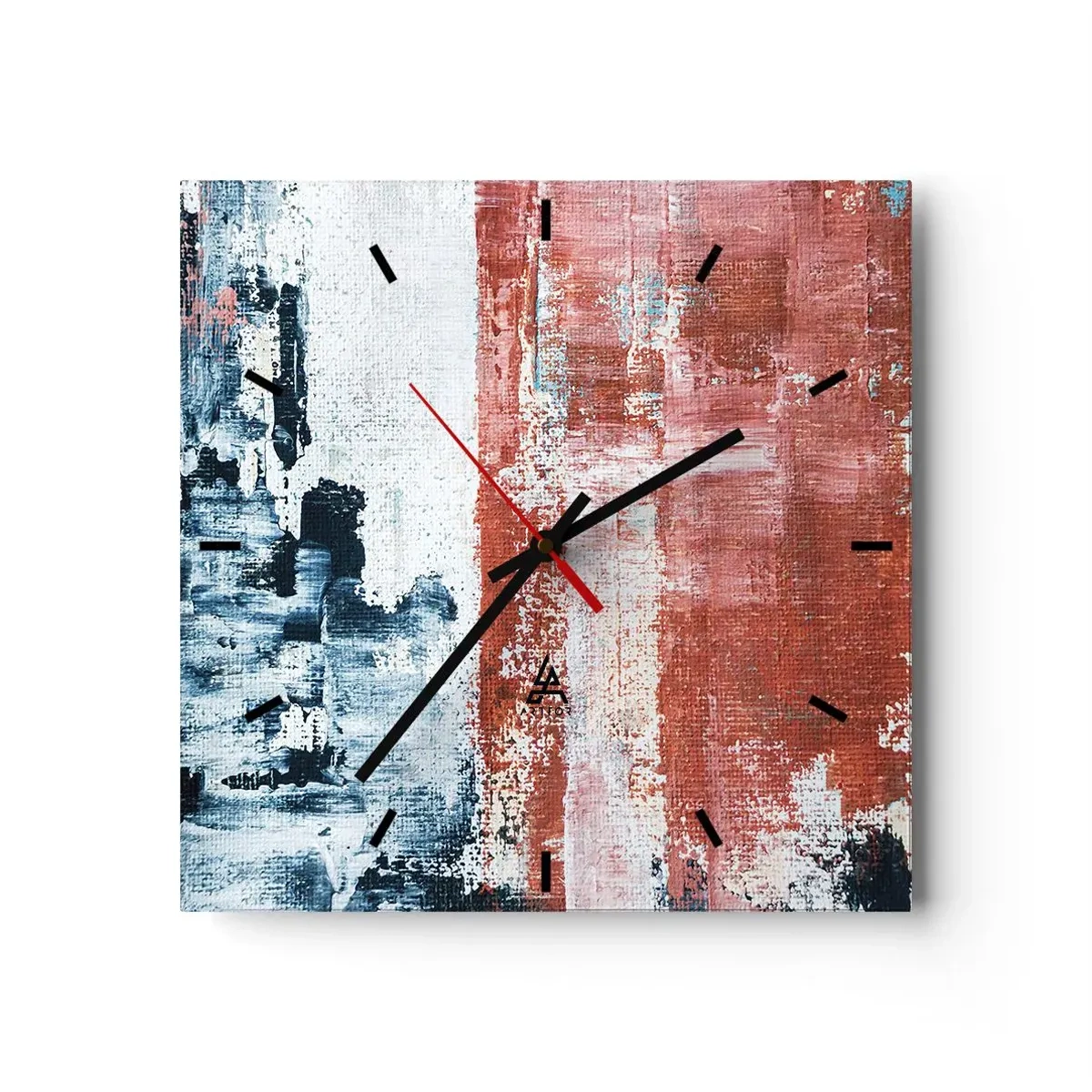 Reloj de pared - Reloj de vidrio - Abstracción en colores blanco, azul y ladrillo. - 30x30cm - Mitad abstracción, mitad abstracción - Decoración de pared moderna para salón y dormitorio ARTTOR