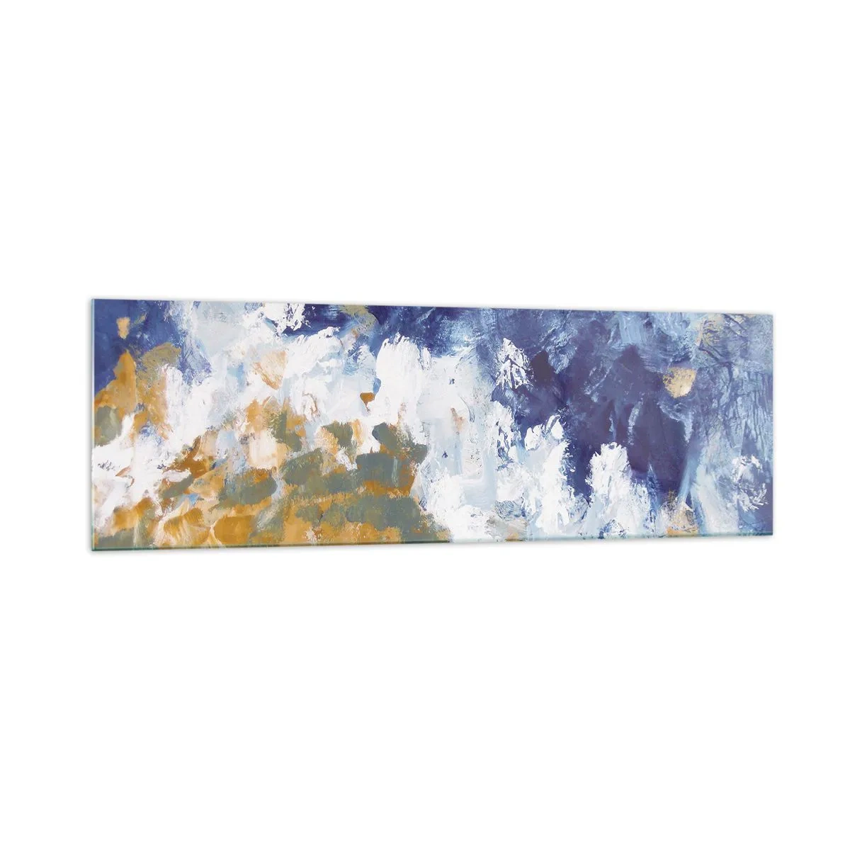 Cuadro sobre vidrio - Impresiones sobre Vidrio - Abstracción en tonos azules, blancos y dorados. - 160x50cm - Danza de los elementos - Decoración de pared moderna para salón y dormitorio ARTTOR