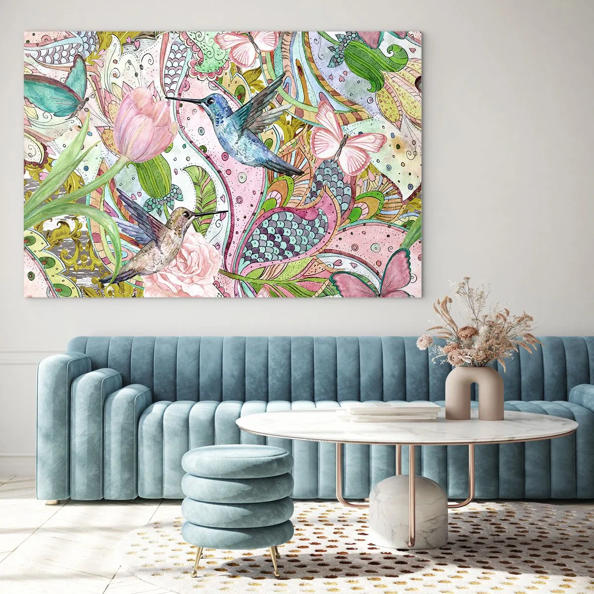 Cuadro sobre vidrio - Impresiones sobre Vidrio - Colibríes coloridos entre flores y mariposas. - 120x80cm - Enredado en las vides - Decoración de pared moderna para salón y dormitorio ARTTOR