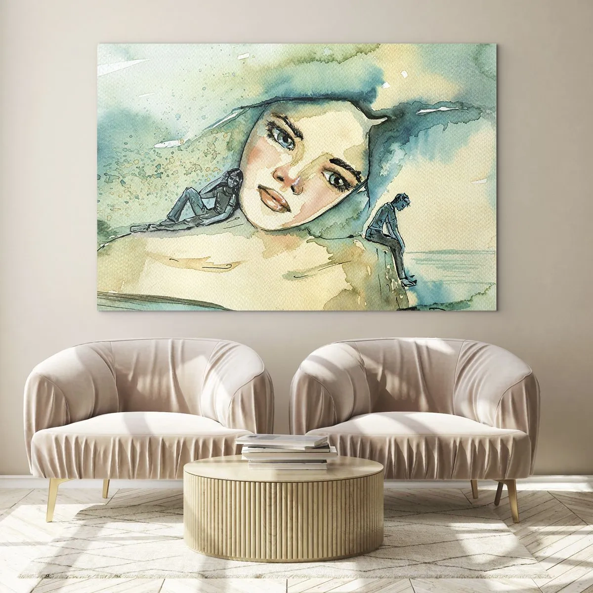 Cuadro sobre vidrio - Impresiones sobre Vidrio - Retrato de una mujer en estilo acuarela con siluetas de figuras. - 120x80cm - ¿Soy azul? - Decoración de pared moderna para salón y dormitorio ARTTOR