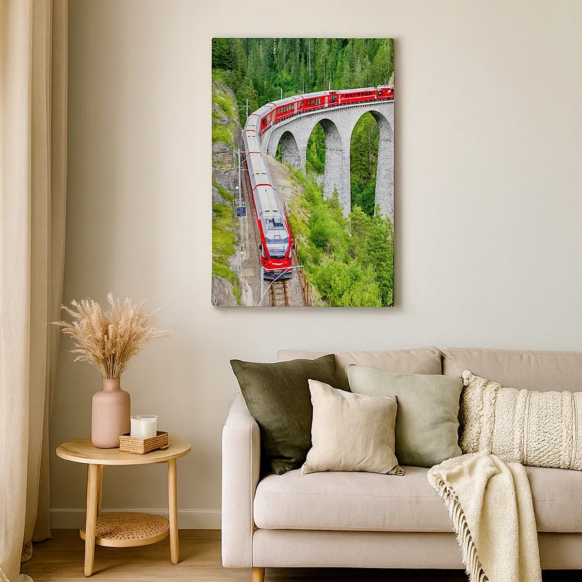 Cuadro sobre lienzo - Impresión de Imagen - Un tren en un pintoresco viaducto en un paisaje montañoso. - 50x70cm - Atravesando las montañas - Decoración de pared moderna para salón y dormitorio ARTTOR