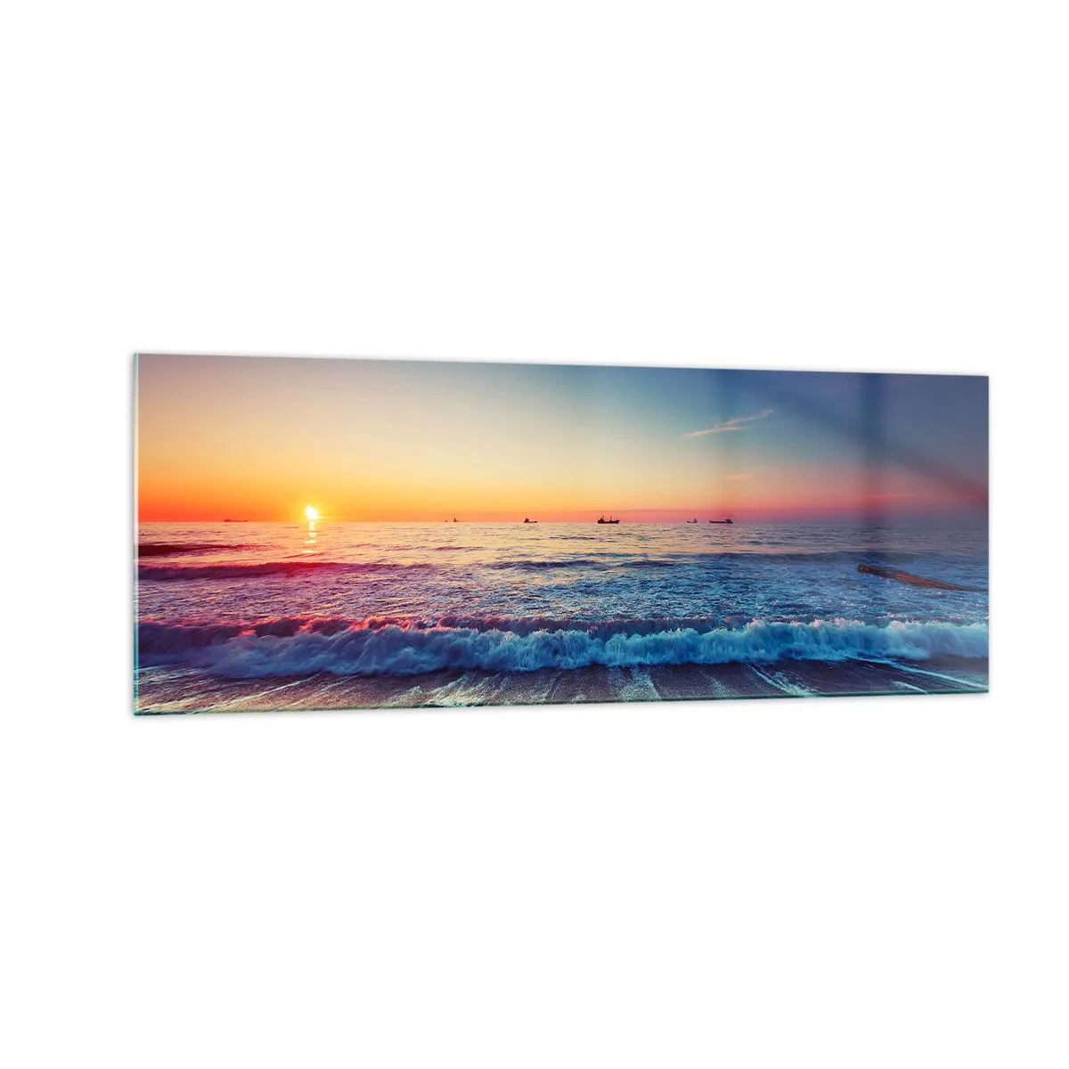 Cuadro sobre vidrio - Impresiones sobre Vidrio - Puesta de sol sobre un mar tranquilo con olas - 140x50cm - ¿Y qué hay tras el horizonte? - Decoración de pared moderna para salón y dormitorio ARTTOR