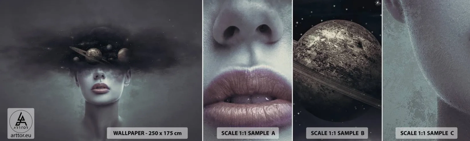 Muestra De Fotomural Standard Eco - Y los planetas sienten... - Abstracción, cara de mujer, Cosmos - 100x30 cm