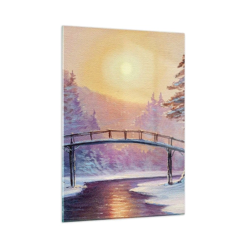 Cuadro sobre vidrio - Impresiones sobre Vidrio - Paisaje invernal con un puente sobre un río al atardecer - 50x70cm - Las cuatro estaciones: el invierno - Decoración de pared moderna para salón y dormitorio ARTTOR