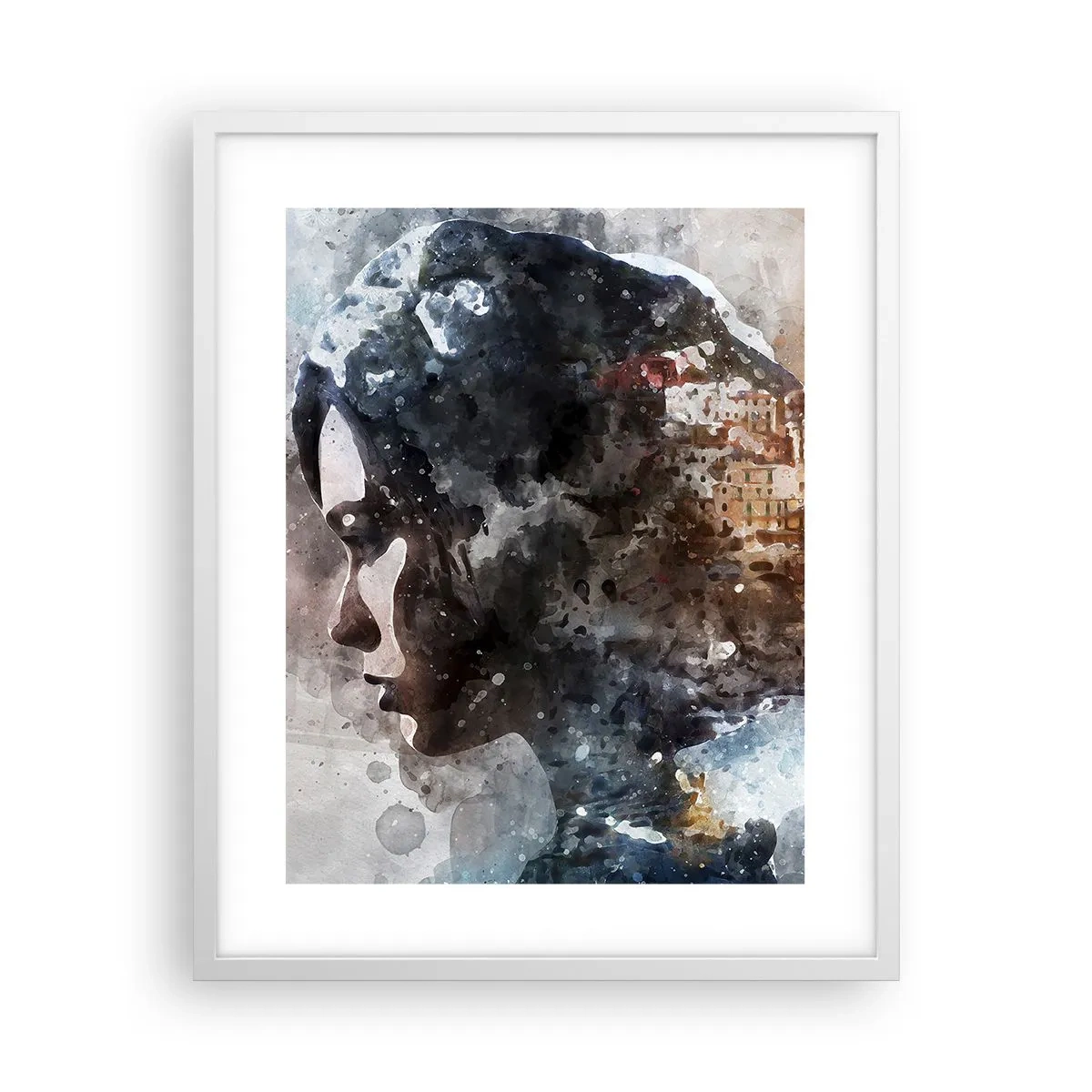 Póster en marco blanco - Una historia sobre una niña con una ciudad de fondo - 40x50 cm