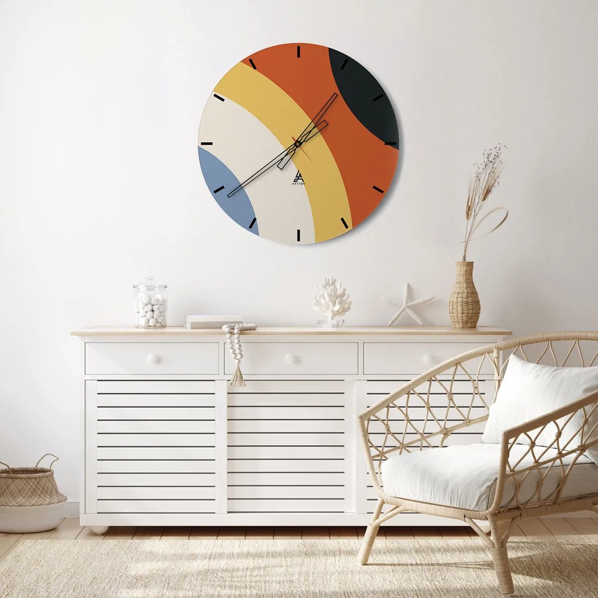 Reloj de pared - Reloj de vidrio - Arcos geométricos en tonos naranja, beige y azul. - 30x30cm - Círculo sobre círculo - Decoración de pared moderna para salón, cocina y dormitorio ARTTOR