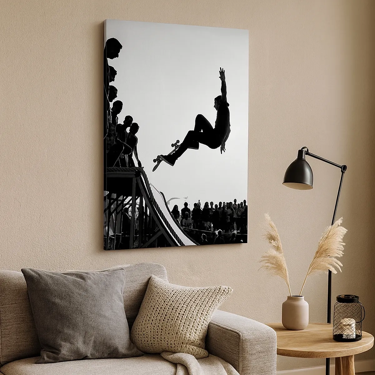 Cuadro sobre lienzo - Impresión de Imagen - Escena de skate en blanco y negro en una rampa - 50x70cm - Héroes y espectadores - Decoración de pared moderna para salón y dormitorio ARTTOR