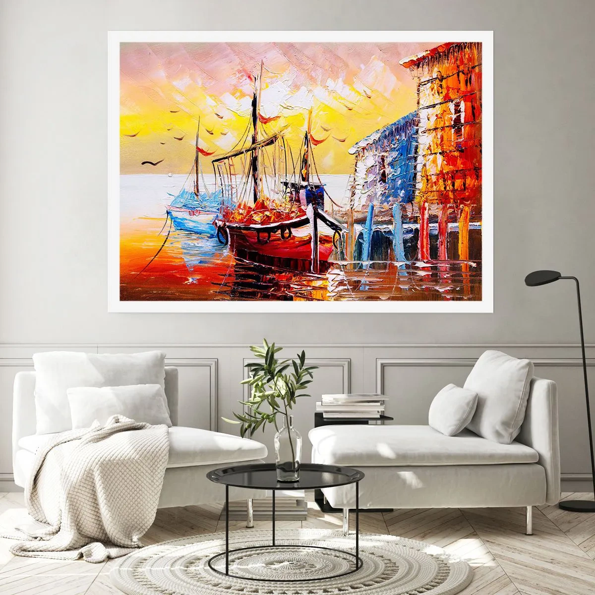 Póster - Puerto pintoresco al atardecer con barcos de pesca - 100x70cm - Feliz regreso - Decoración de pared moderna para salón y dormitorio ARTTOR