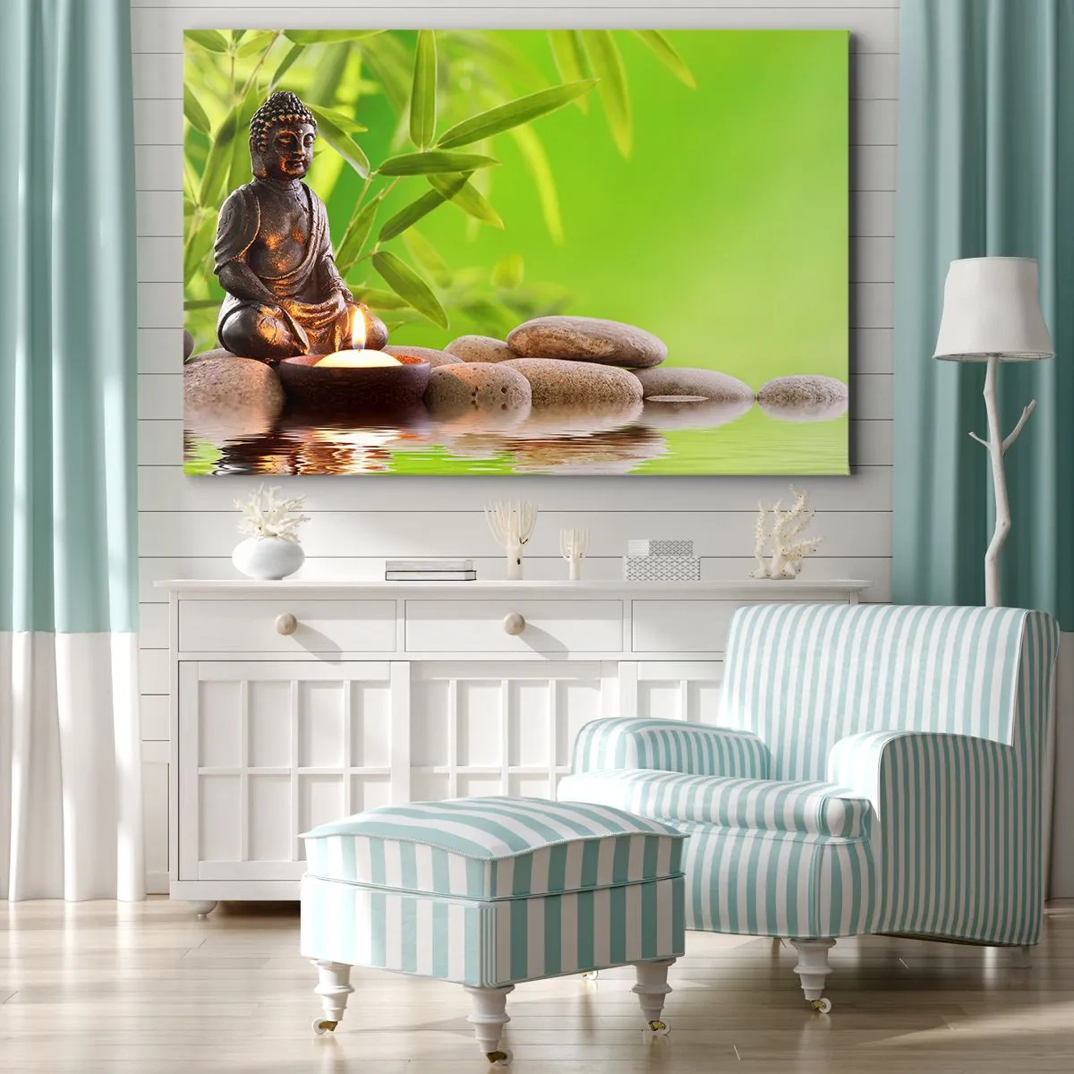 Cuadro sobre lienzo - Impresión de Imagen - Figura de Buda con piedras y una vela sobre un fondo de bambú. - 100x70cm - La vida es bella - Decoración de pared moderna para salón y dormitorio ARTTOR