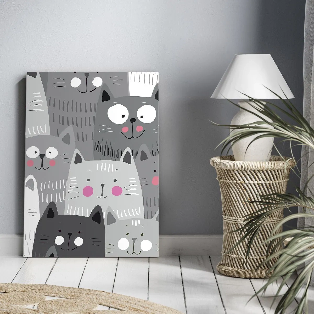 Cuadro sobre lienzo - Impresión de Imagen - Un patrón divertido con gatos en tonos grises. - 50x70cm - El mundo de los gatos - Decoración de pared moderna para salón y dormitorio ARTTOR