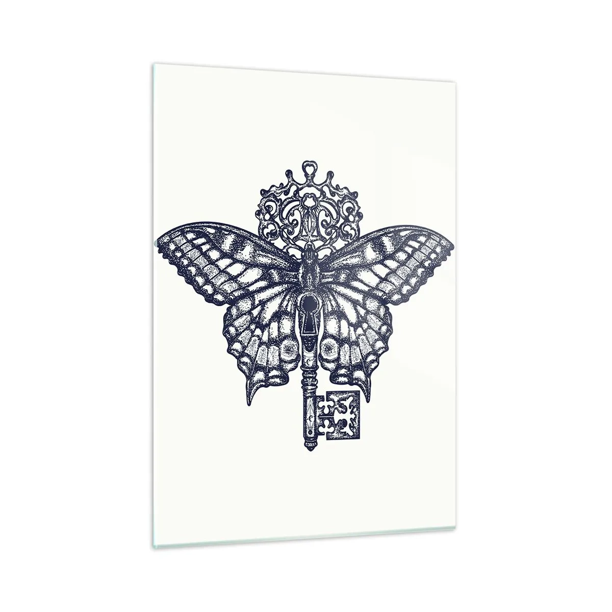 Cuadro sobre vidrio - Impresiones sobre Vidrio - Ilustración de una mariposa con una llave en el centro. - 50x70cm - Todos los secretos del corazón - Decoración de pared moderna para salón y dormitorio ARTTOR
