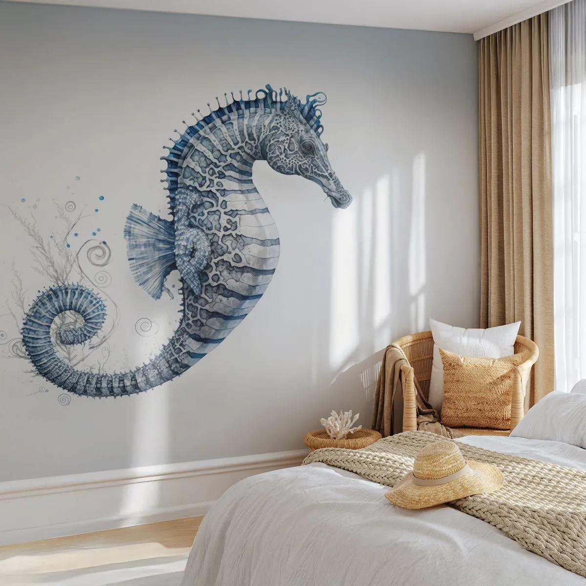 Fotomural Autadhesivo Deluxe Sticker - Una sutil broma de la naturaleza - Caballo de mar, Playa, Arrecife de coral - 350x256 cm