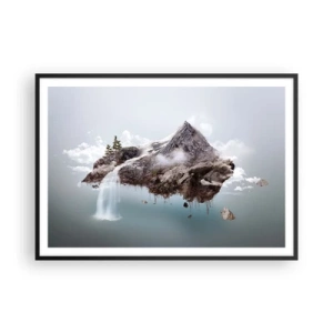 Póster en marco negro - Una montaña surrealista flotando en las nubes con una cascada. - 100x70cm - Isla surrealista - Decoración de pared moderna para salón y dormitorio ARTTOR