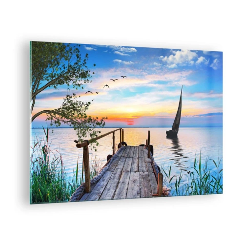 Cuadro sobre vidrio - Impresiones sobre Vidrio - Un embarcadero junto al lago al atardecer con un velero al fondo - 70x50cm - Que llegue la noche - Decoración de pared moderna para salón y dormitorio ARTTOR