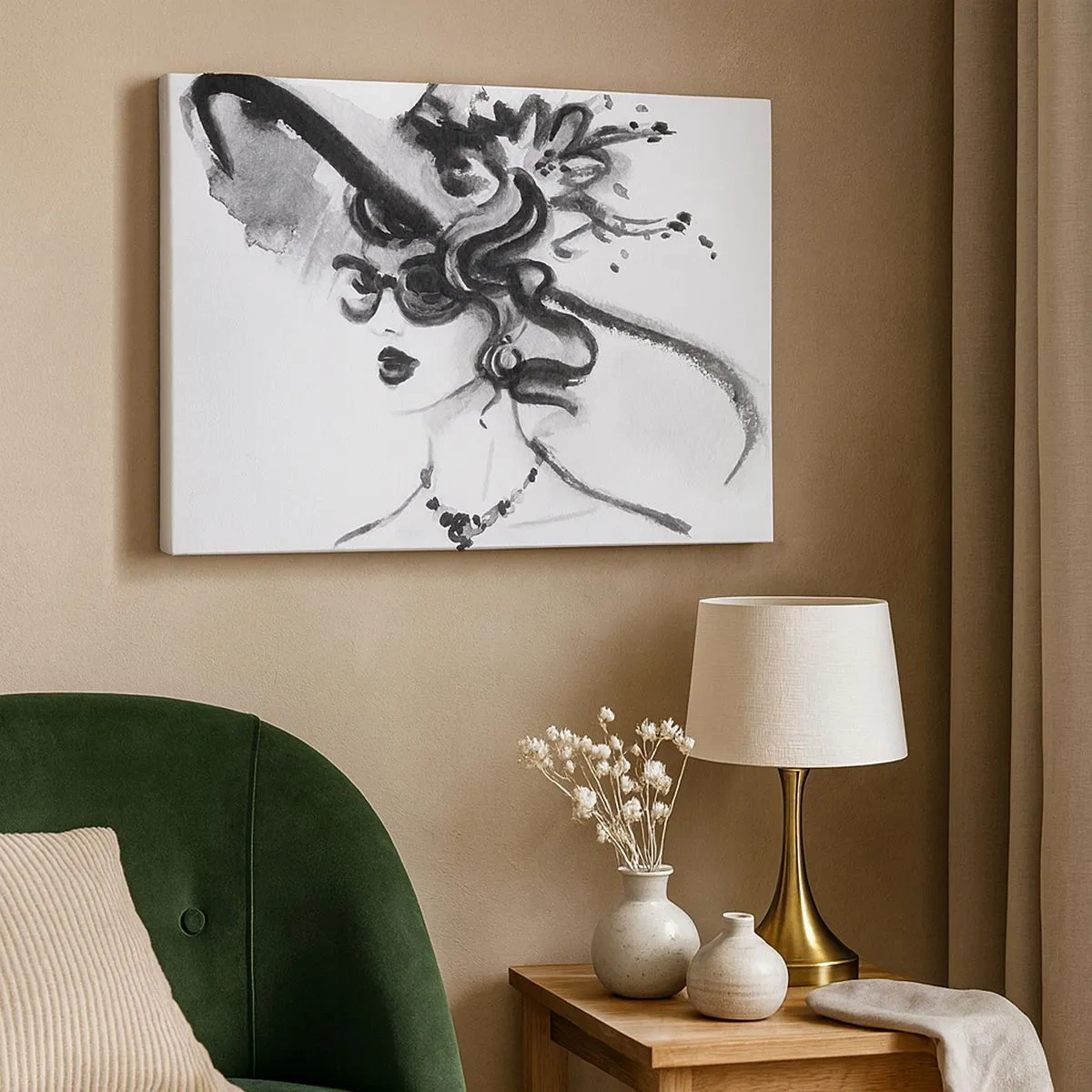 Cuadro sobre lienzo - Impresión de Imagen - Mujer elegante con sombrero en estilo blanco y negro - 70x50cm - Una dama con carácter - Decoración de pared moderna para salón y dormitorio ARTTOR
