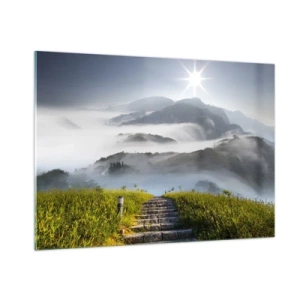 Cuadro sobre vidrio - Impresiones sobre Vidrio - Paisaje de montaña con niebla y escaleras que conducen a la cumbre. - 100x70cm - Todavía en las nubes - Decoración de pared moderna para salón y dormitorio ARTTOR