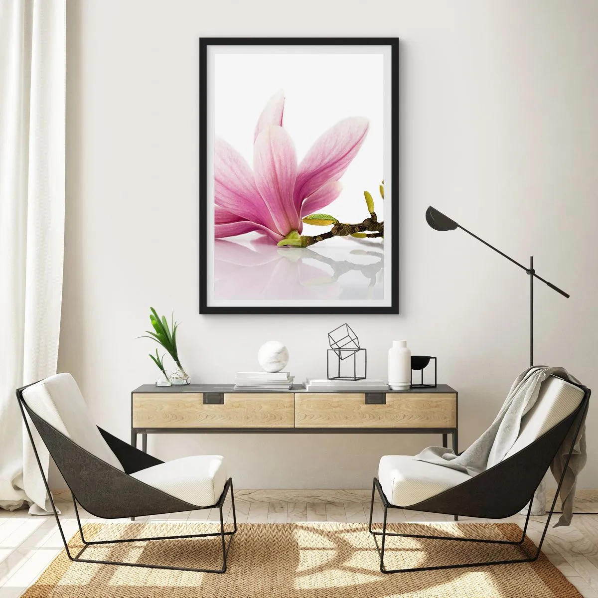 Póster en marco negro - Flor de magnolia rosa en una rama con fondo blanco. - 50x70cm - Suave como un soplo de primavera - Decoración de pared moderna para salón y dormitorio ARTTOR