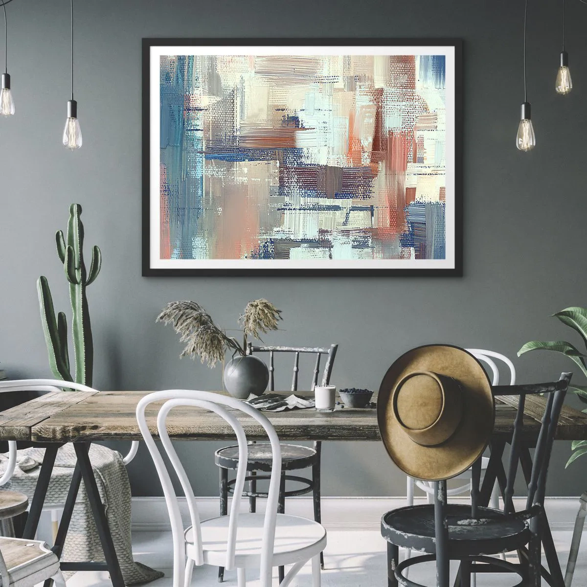 Póster en marco negro - Composición abstracta en tonos azules y beige. - 70x50cm - Alcanzando la luz - Decoración de pared moderna para salón y dormitorio ARTTOR