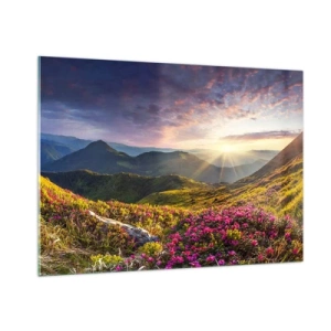 Cuadro sobre vidrio - Impresiones sobre Vidrio - Paisaje de montaña al amanecer con flores florecientes - 100x70cm - La frescura de una mañana de montaña - Decoración de pared moderna para salón y dormitorio ARTTOR