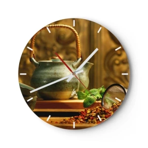 Reloj de pared - Reloj de vidrio - Tetera de té verde con hojas de menta fresca - 30x30cm - Tratado sobre el consumo de té - Decoración de pared moderna para salón, cocina y dormitorio ARTTOR
