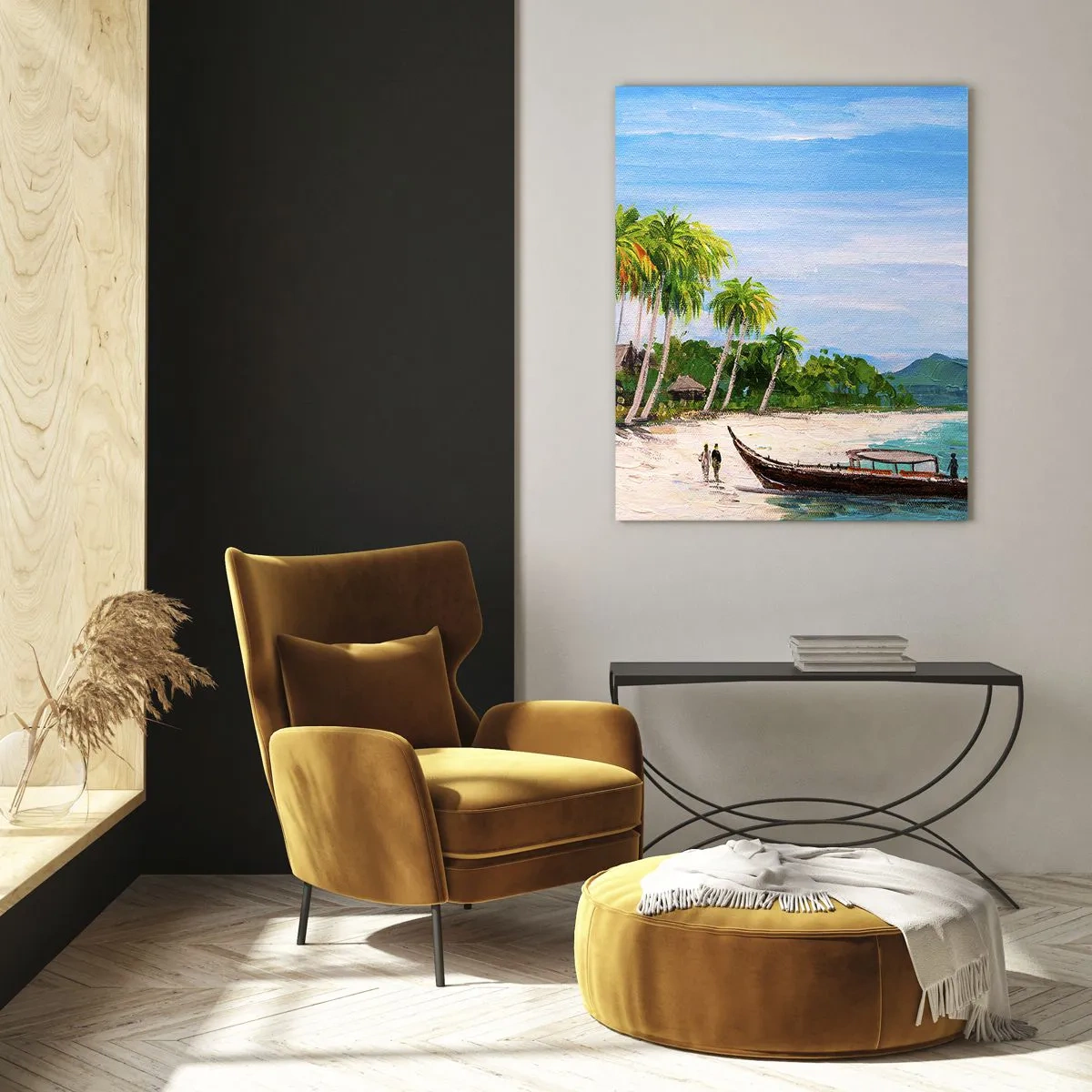 Cuadro sobre vidrio - Impresiones sobre Vidrio - Playa tropical con barco y palmeras junto a chozas tradicionales. - 50x70cm - Un sueño exótico - Decoración de pared moderna para salón y dormitorio ARTTOR