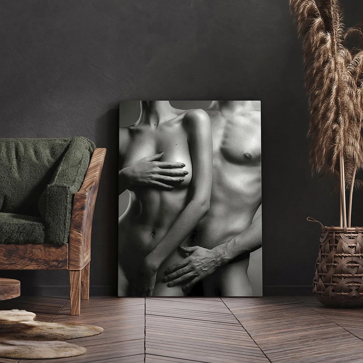 Cuadro sobre lienzo - Impresión de Imagen - Representación en blanco y negro de cuerpos femeninos y masculinos en una pose artística. - 50x70cm - Adán y Eva - Decoración de pared moderna para salón y dormitorio ARTTOR