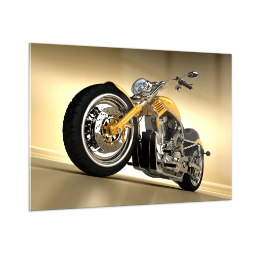 Cuadro sobre vidrio - Impresiones sobre Vidrio - Una motocicleta personalizada dorada sobre un fondo claro. - 100x70cm - Un sueño de fuerza y velocidad - Decoración de pared moderna para salón y dormitorio ARTTOR
