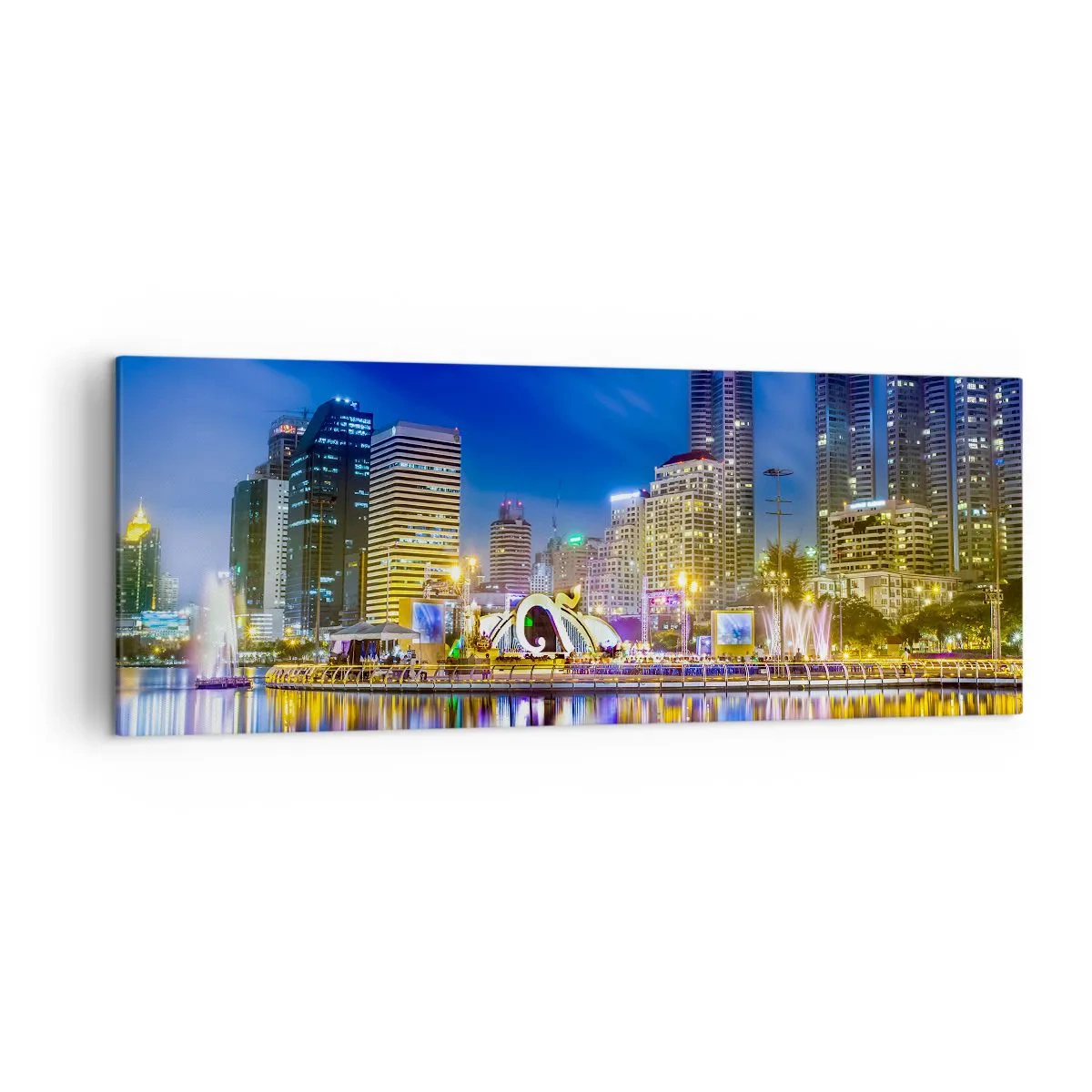 Cuadro sobre lienzo - Impresión de Imagen - Panorama nocturno de la ciudad con luces reflejadas en el agua. - 140x50cm - La noche del arco iris de la metrópoli - Decoración de pared moderna para salón y dormitorio ARTTOR