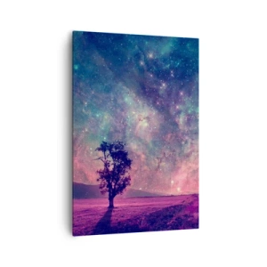 Cuadro sobre lienzo - Impresión de Imagen - Un árbol contra un cielo estrellado en colores púrpura y azul. - 70x100cm - Bajo un cielo mágico - Decoración de pared moderna para salón y dormitorio ARTTOR