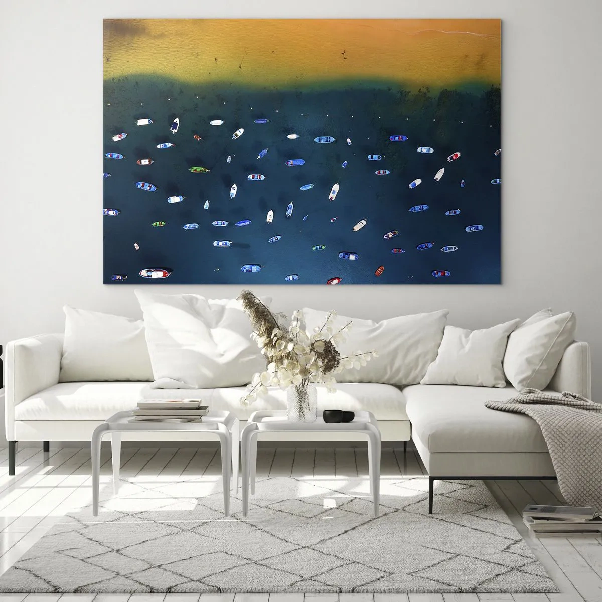 Cuadro sobre vidrio - Impresiones sobre Vidrio - Barcos con el telón de fondo de agua turquesa y una costa dorada. - 70x50cm - Un juego de vacaciones - Decoración de pared moderna para salón y dormitorio ARTTOR