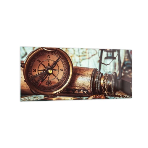 Cuadro sobre vidrio - Impresiones sobre Vidrio - Un conjunto retro con brújula, telescopio y mapa con temática de viajes. - 120x50cm - Te espera una aventura pirata en el Caribe - Decoración de pared moderna para salón y dormitorio ARTTOR