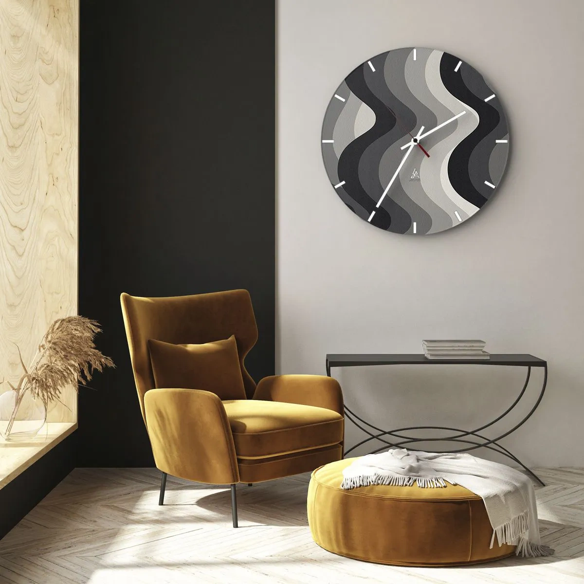 Reloj de pared - Reloj de vidrio - Rayas onduladas en tonos grises y negros en el diseño gráfico. - 30x30cm - Ola tras ola - Decoración de pared moderna para salón, cocina y dormitorio ARTTOR