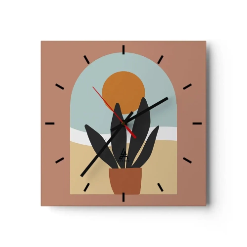 Reloj de pared - Reloj de vidrio - Una planta negra en una maceta contra el sol. - 30x30cm - Pequeñas alegrías - Decoración de pared moderna para salón y dormitorio ARTTOR