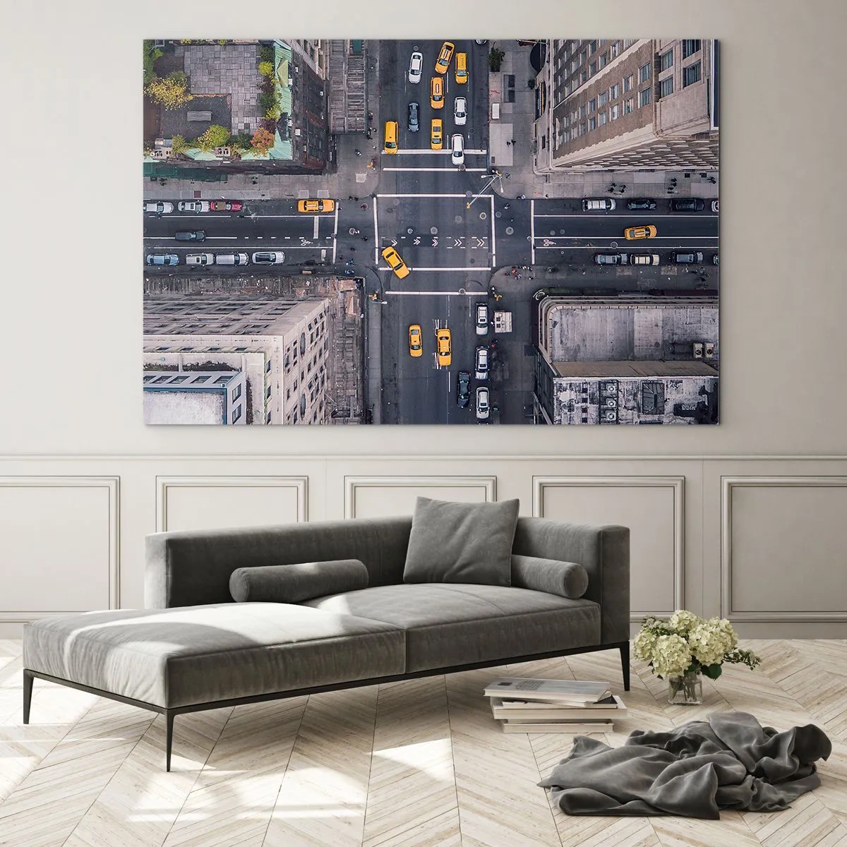 Cuadro sobre vidrio - Impresiones sobre Vidrio - Vista aérea de una intersección concurrida de la ciudad. - 100x70cm - Una simple elección - Decoración de pared moderna para salón y dormitorio ARTTOR