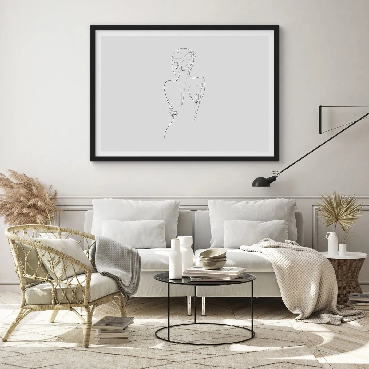 Póster en marco negro - Una línea de contorno que muestra una silueta femenina sobre un fondo claro. - 70x50cm - Música del cuerpo - Decoración de pared moderna para salón y dormitorio ARTTOR