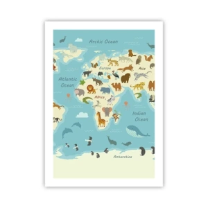 Póster - Un mapa del mundo con ilustraciones de animales en diferentes regiones. - 50x70cm - Buenos vecinos - Decoración de pared moderna para salón y dormitorio ARTTOR