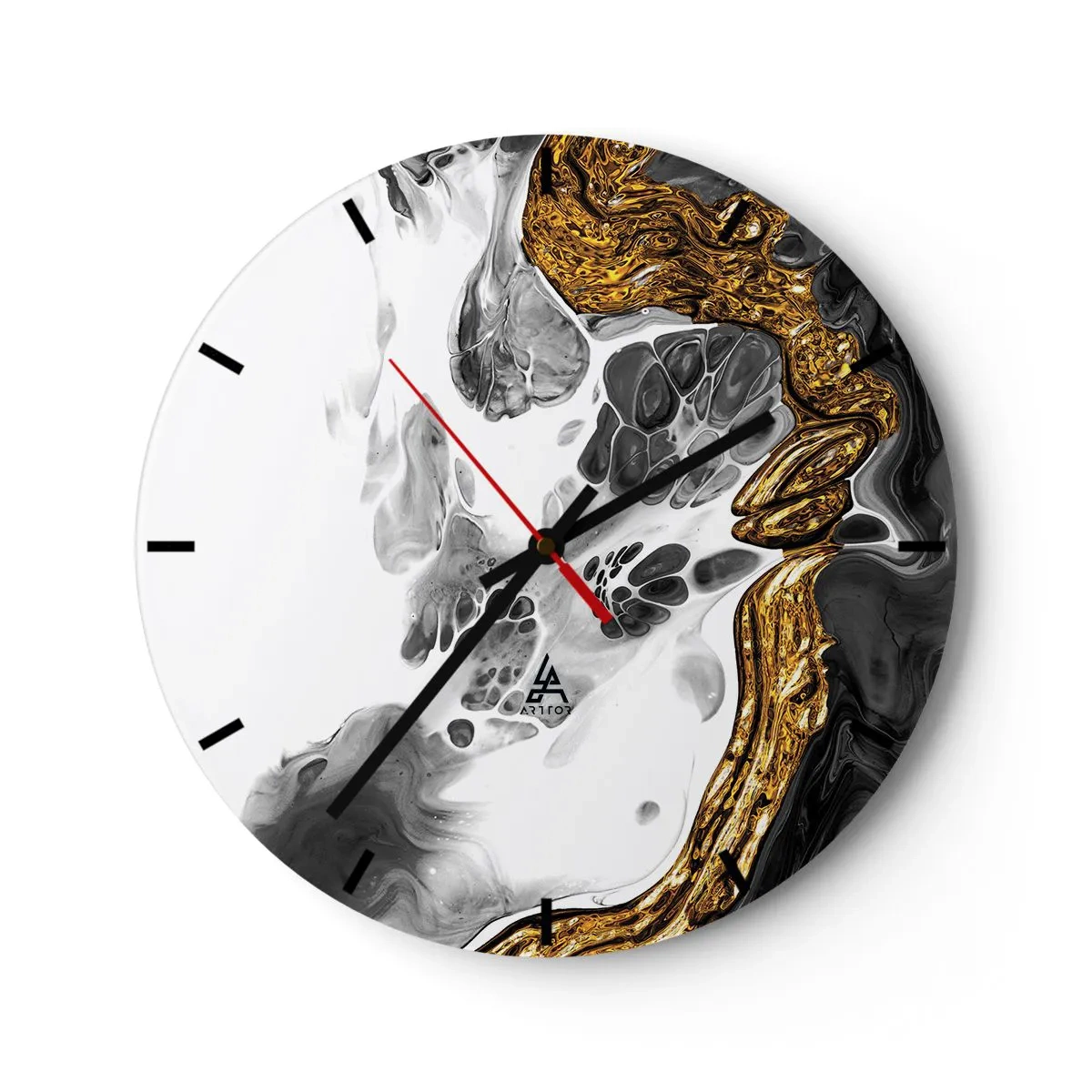Reloj de pared - Reloj de vidrio - Composición abstracta de oro, blanco y negro. - 30x30cm - Composición orgánica - Decoración de pared moderna para salón, cocina y dormitorio ARTTOR