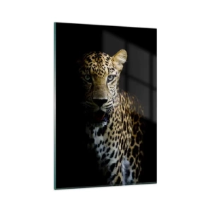 Cuadro sobre vidrio - Impresiones sobre Vidrio - Un leopardo sobre un fondo oscuro con una mirada intensa. - 80x120cm - Belleza oscura - Decoración de pared moderna para salón y dormitorio ARTTOR