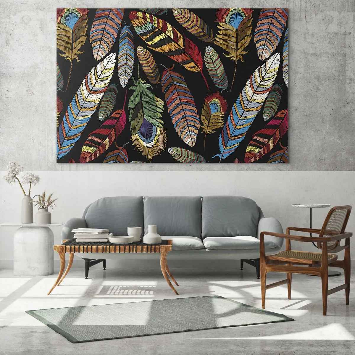 Cuadro sobre vidrio - Impresiones sobre Vidrio - Plumas de colores sobre un fondo negro - 120x50cm - Carnaval de las aves - Decoración de pared moderna para salón y dormitorio ARTTOR