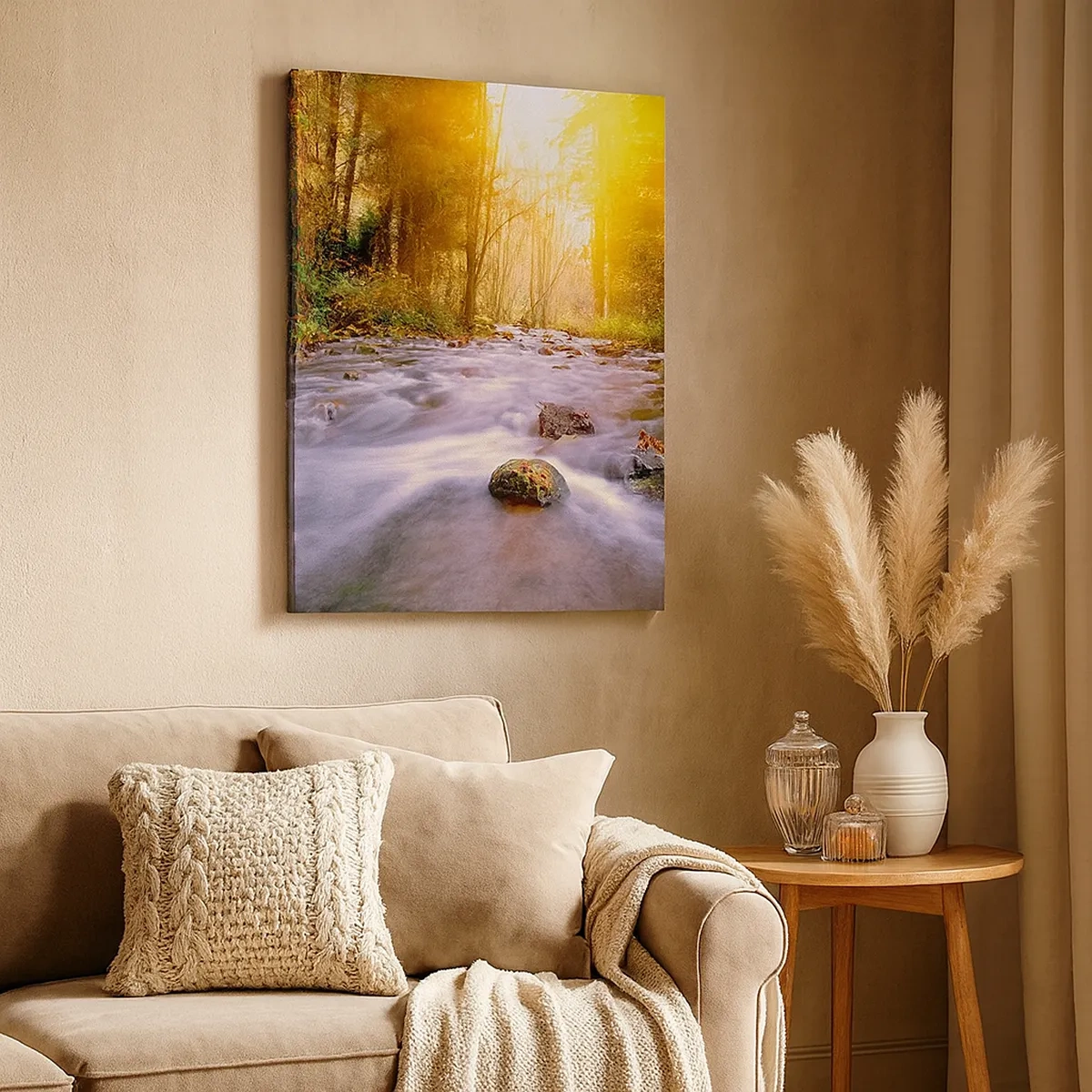 Cuadro sobre lienzo - Impresión de Imagen - Un arroyo forestal iluminado por los rayos del sol. - 50x70cm - Malaquita en un marco de plata y oro - Decoración de pared moderna para salón y dormitorio ARTTOR