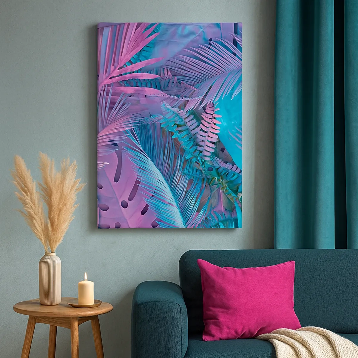 Cuadro sobre lienzo - Impresión de Imagen - Hojas tropicales en tonos rosa y azul. - 50x70cm - Trópicos en rosa y azul - Decoración de pared moderna para salón y dormitorio ARTTOR