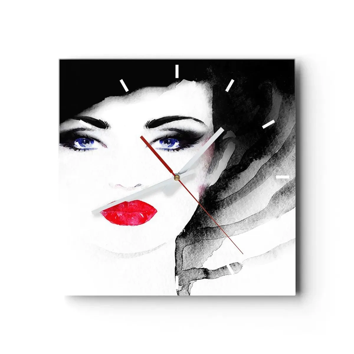 Reloj de pared - Reloj de vidrio - Retrato de una mujer con labios rojos y ojos azules intensos. - 30x30cm - Lenguaje no verbal - Decoración de pared moderna para salón y dormitorio ARTTOR