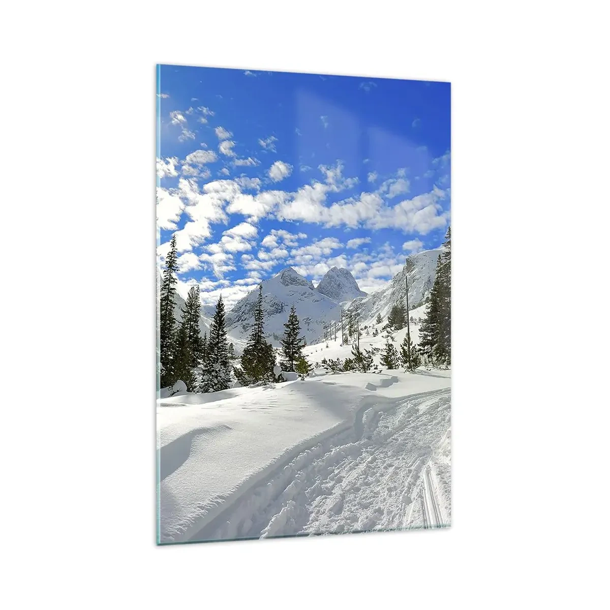 Cuadro sobre vidrio - Impresiones sobre Vidrio - Paisaje invernal de montaña con un bosque y un camino en la nieve. - 80x120cm - Nieve y sol - Decoración de pared moderna para salón y dormitorio ARTTOR