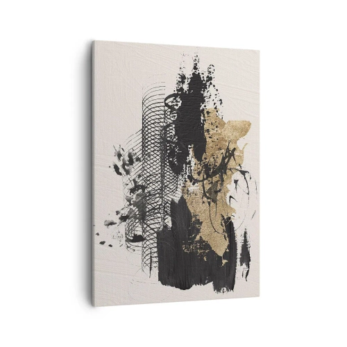 Cuadro sobre lienzo - Impresión de Imagen - Una pintura abstracta en negro y dorado con líneas y estructuras dinámicas. - 50x70cm - Composición con pasión - Decoración de pared moderna para salón y dormitorio ARTTOR
