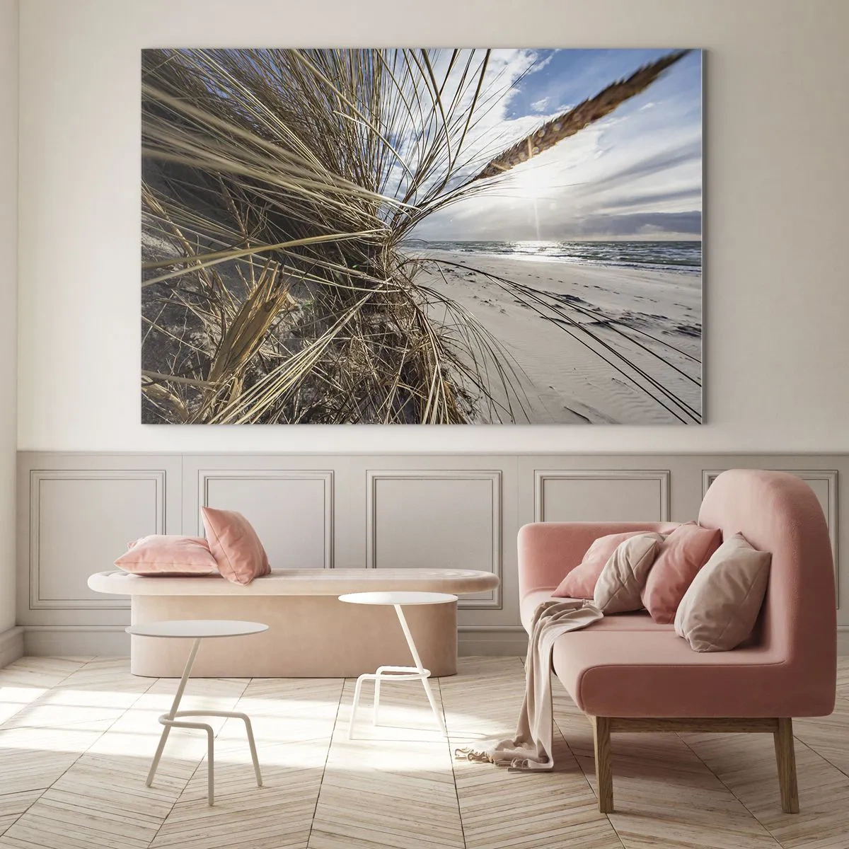 Cuadro sobre vidrio - Impresiones sobre Vidrio - Césped dorado con el telón de fondo de una playa de arena y el mar. - 70x50cm - Una reunión de los elementos - Decoración de pared moderna para salón y dormitorio ARTTOR
