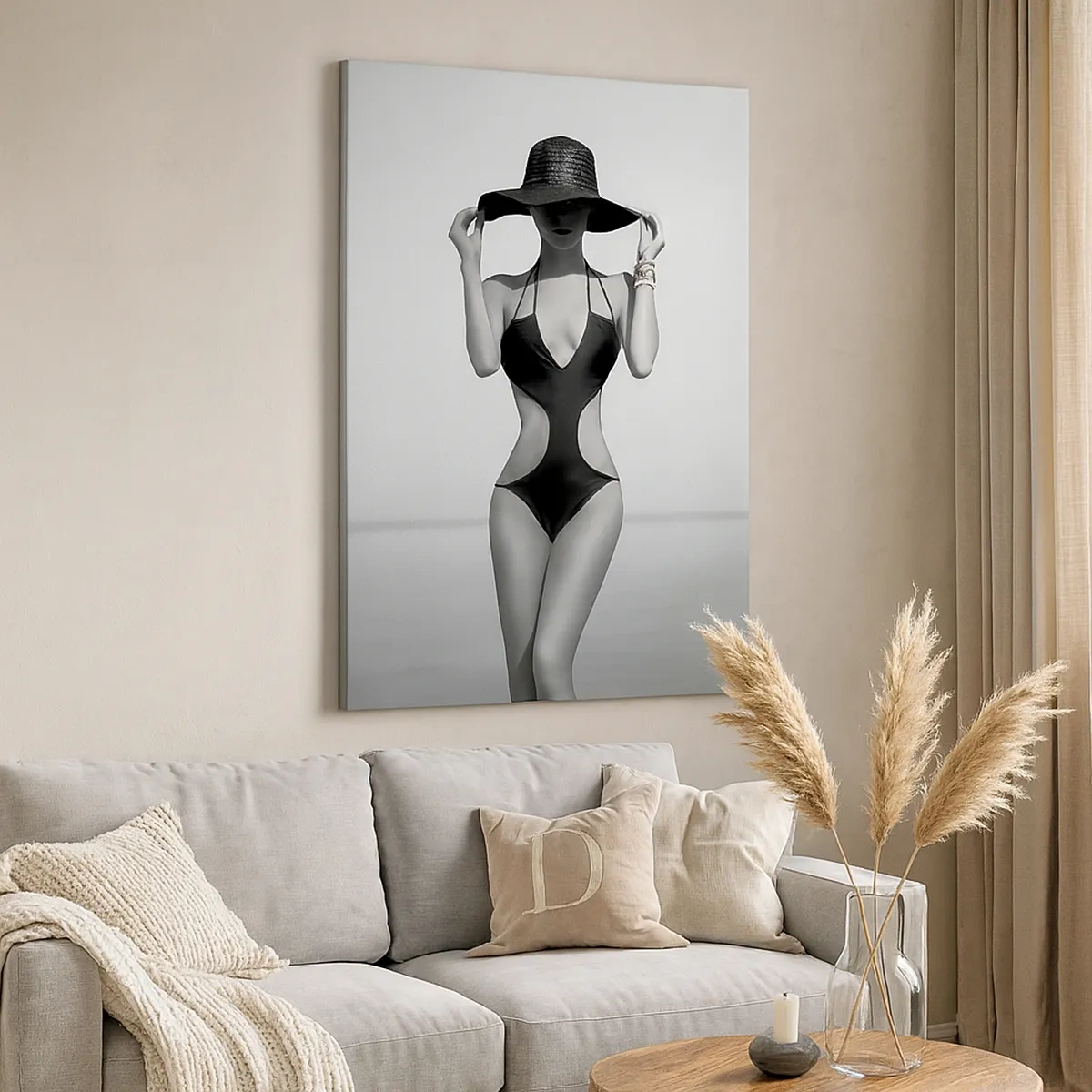 Cuadro sobre lienzo - Impresión de Imagen - Silueta en blanco y negro de una mujer con sombrero contra el fondo del mar. - 50x70cm - Mi nombre es Elegancia - Decoración de pared moderna para salón y dormitorio ARTTOR